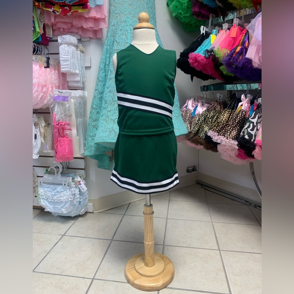 Childs XXS-Large Green Black & White 2 Pc Cheerleading Uniform Skirt Set NWT